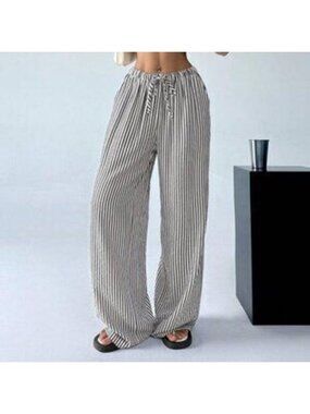 Black And White Casual Women's Striped & Printed Long Pants